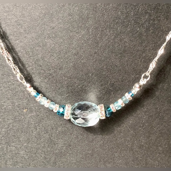 HAND CRAFTED necklace earring gift set Blue Silver upcycled clear glass beads - Picture 6 of 14